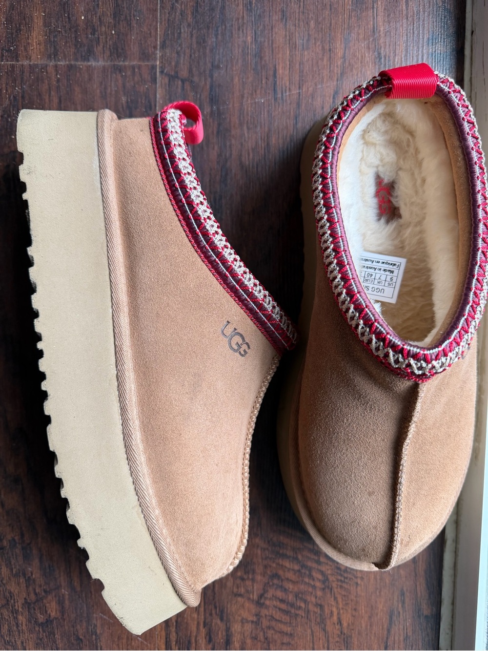 UGG Chestnut Suede Slip-On Slippers with Red Trim